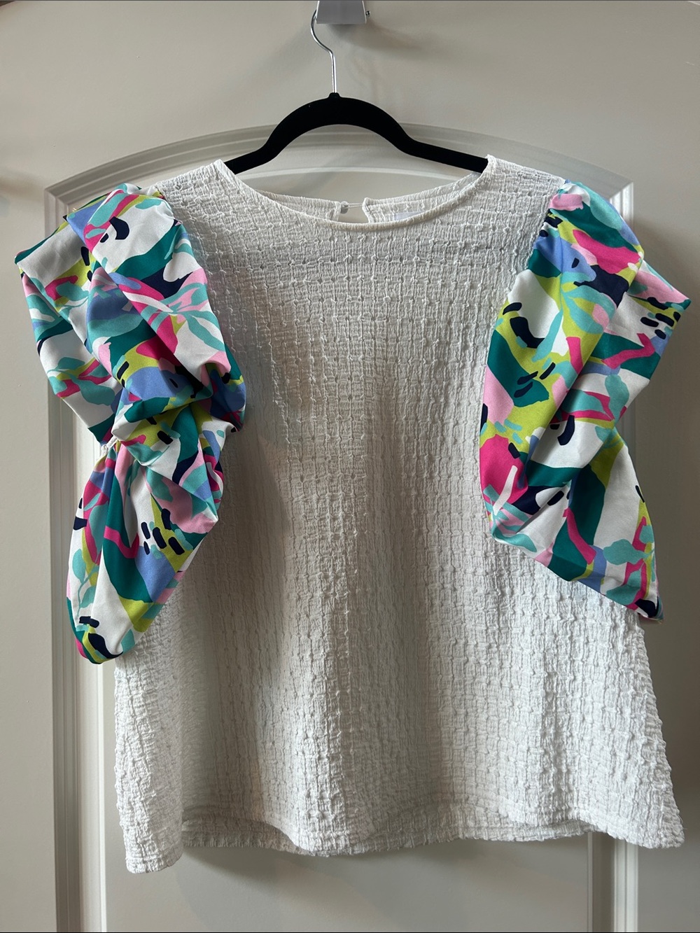 THML White Textured Top with Multicolor Puff Sleeves